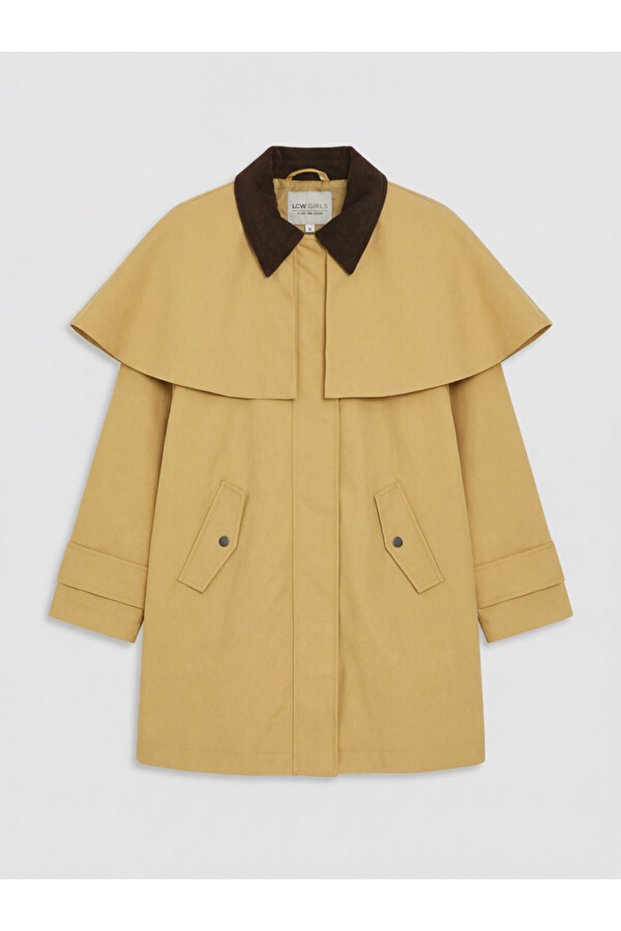 Velvet Collar Girls' Trench Coat with Cape Detail