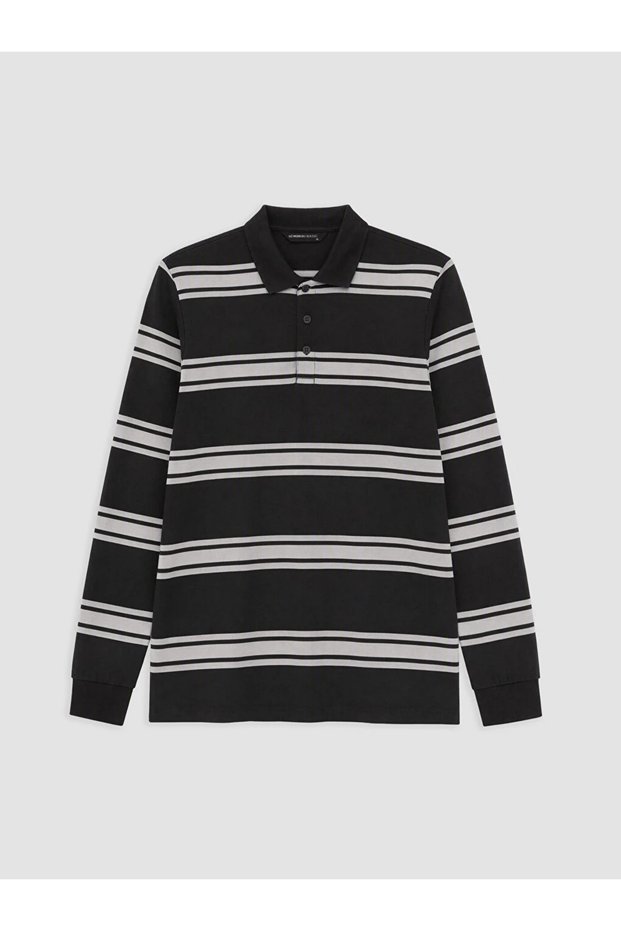 Anthracite Polo Collar Striped Men's Sweatshirt