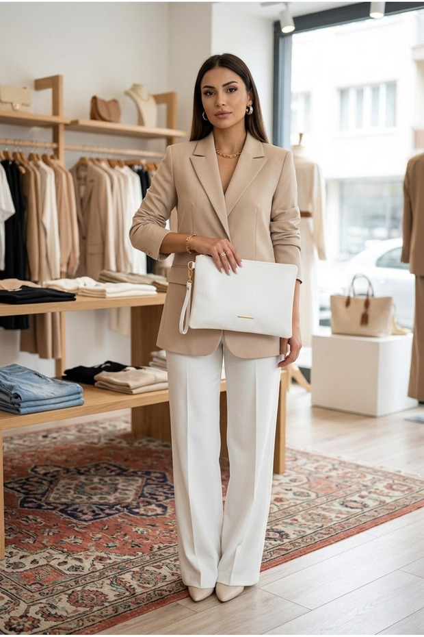 Women's White Color Portfolio Bag Large Size Handbag Stylish Daily Evening Dress Bag with Wrist Strap