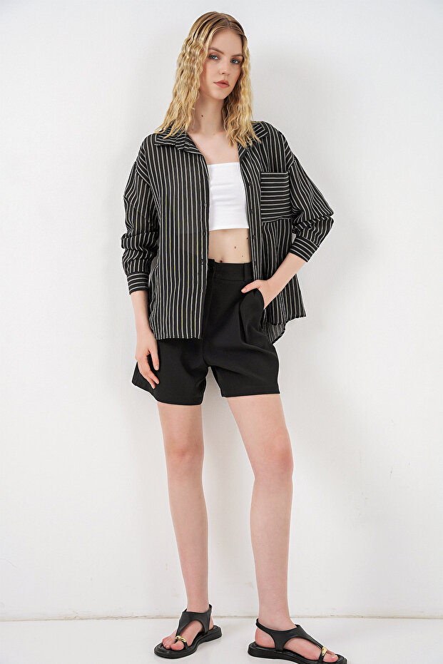 Women's Single Pocket Striped Oversize Shirt 20375 - Black