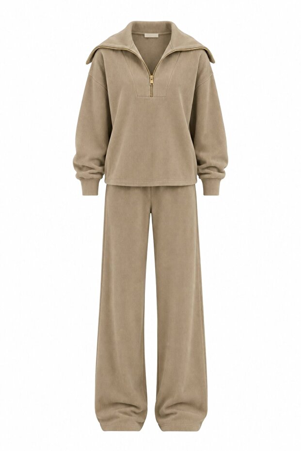 Light Khaki Semi-Zipper Corded Fabric Set - 51218