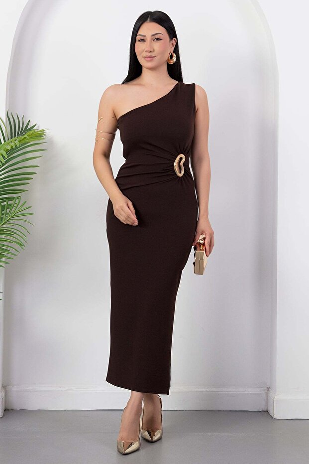 One-Shoulder, Buckle-Waist, Slit Crepe Dress Grs4151