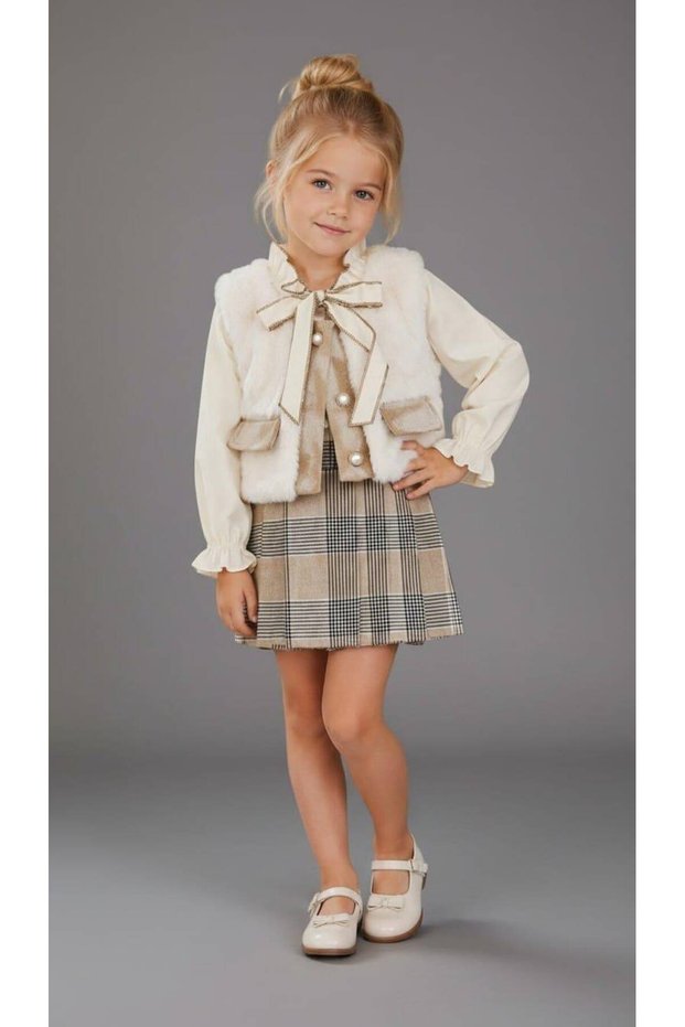 Girl's Stylish Combination Set with Plush Vest and Plaid Skirt – 3-Piece Set with Bow