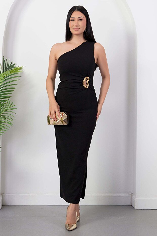 One-Shoulder, Buckle-Waist, Slit Crepe Dress Grs4151