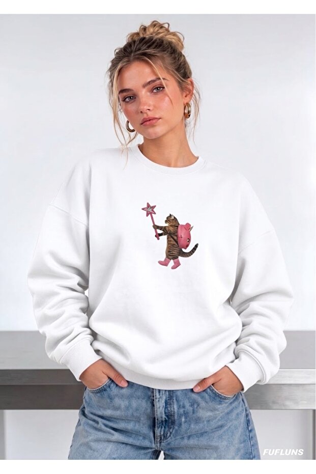 Magic Cat Printed Oversize Women's Crewneck Sweatshirt