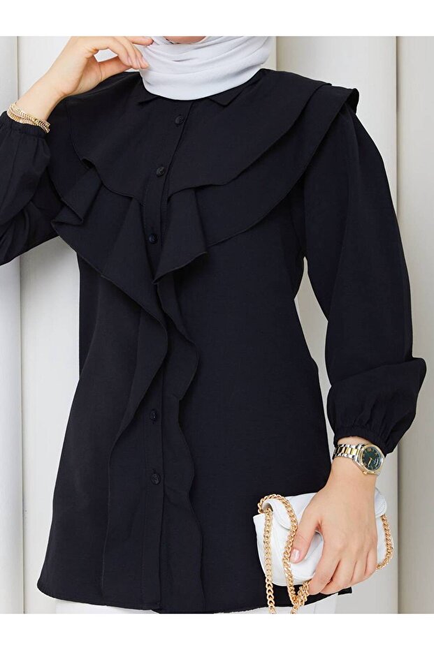 Women's Black Layered Collar Shirt with Flounces on the Front Asf401