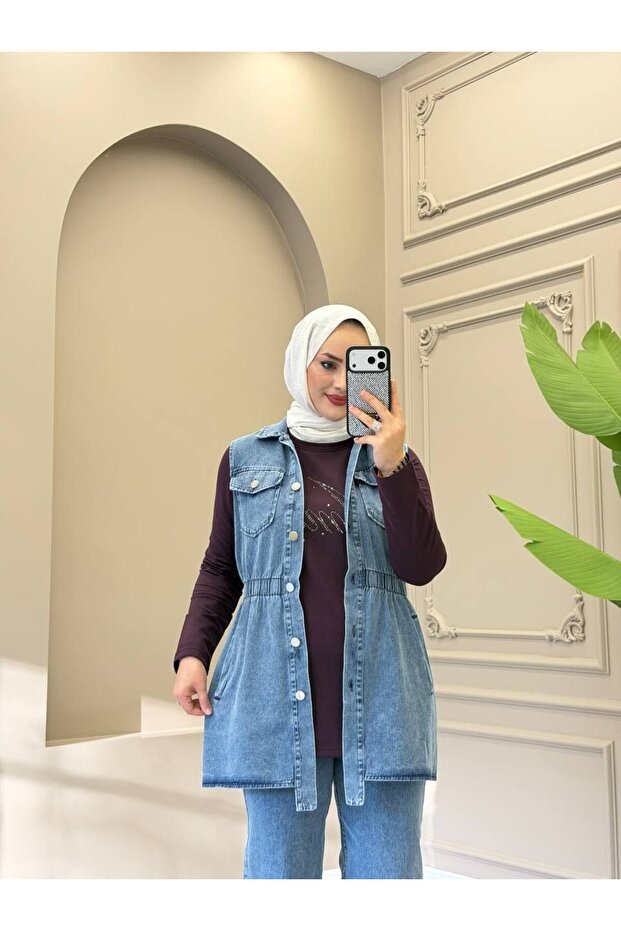 Women's 3-Piece Denim Set – Modern Hijab Casual Combination with Buttoned Pockets N-05542 _ Purple