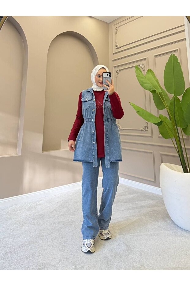 Women's 3-Piece Denim Set – Modern Hijab Casual Combination with Buttoned Pockets N-05542 _ Burgundy
