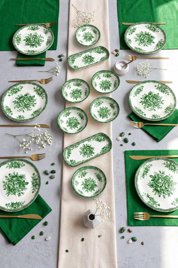 Antique Green 14 Piece Luxury Breakfast Set for 6 People Breakfast Set