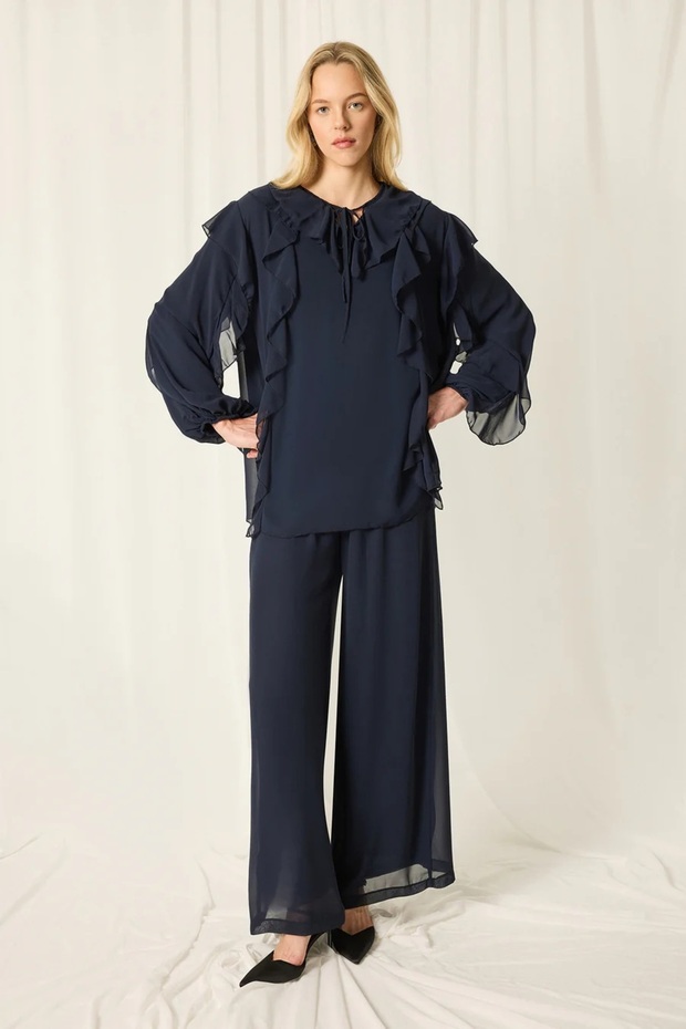 Women's Ruffle Pants and Top Set - Navy Blue