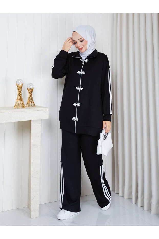 Women's Black Front Flower Buckle Striped Oysho Sports Set Asf600