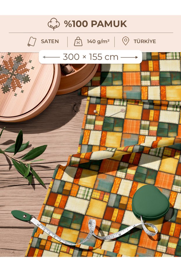 100% Cotton Satin Patchwork Fabric – 300X155 cm – Geometric Pattern, Green Orange and Yellow Tones