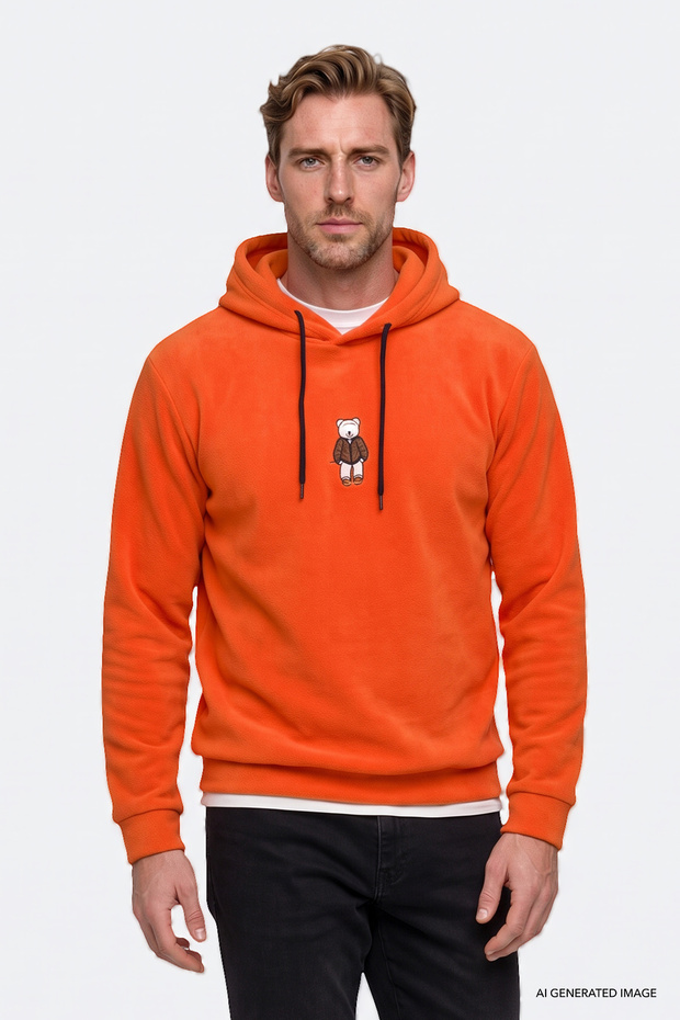 Men's Orange Warm Standard Fit Regular Cut Hooded Fleece