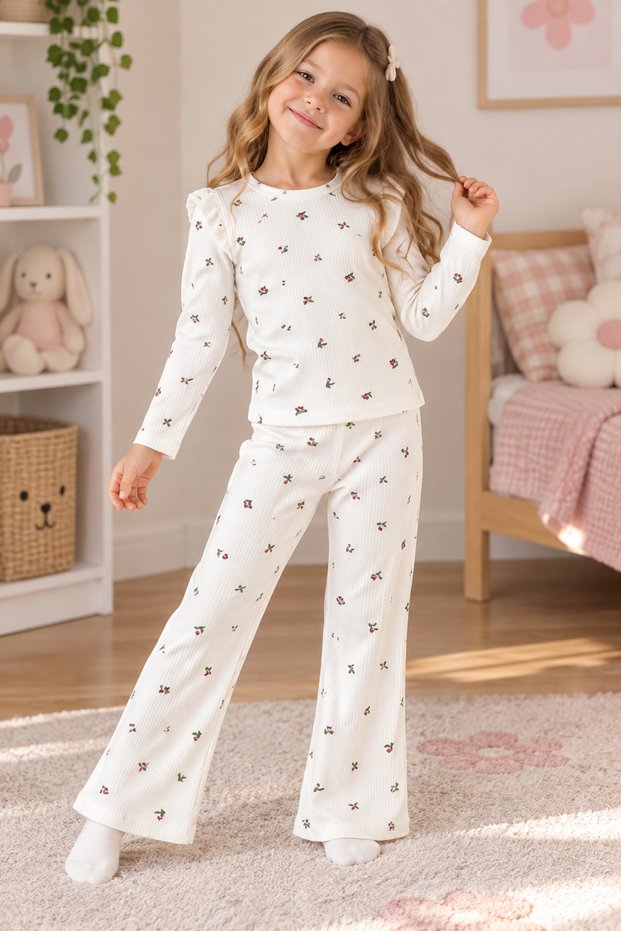 Girls' Pajama Set - Floral Patterned, Ruffled, Long Sleeve Ribbed Fabric Home Wear Set