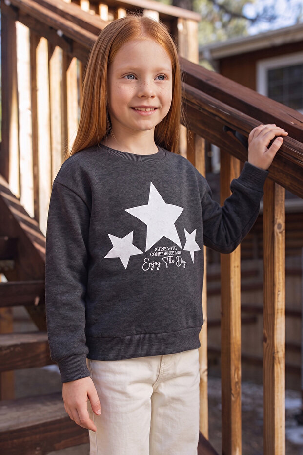 3 Thread Star Printed Crew Neck Girls' Sweatshirt