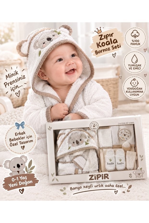 4 Piece Zıpır Koala 100% Patterned Absorbent Towel Fabric Baby Boy Bathrobe Bath Set 0-2 Years