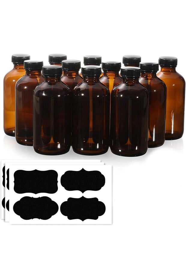 12 Pack 8 oz Glass Amber Bottles Black Poly Cone Cap Boston Round Sample Bottles, Brown Glass Apothecary Bottles