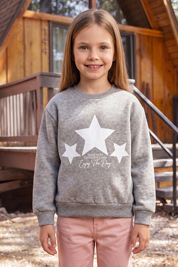 3 Thread Star Printed Crew Neck Girls' Sweatshirt