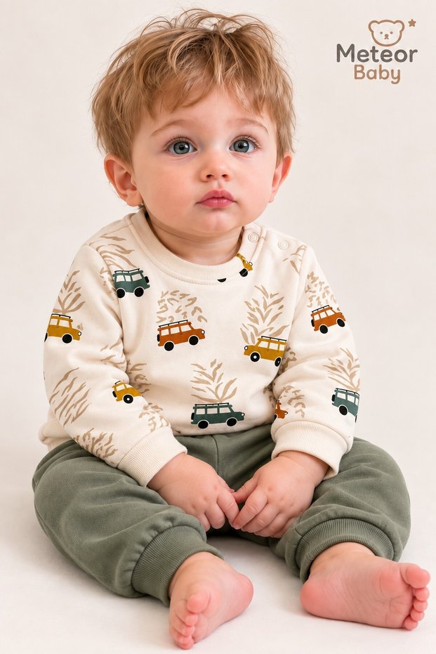 Baby Boy Set with Car Pattern, 2-Piece Top and Bottom Set, Seasonal, 3, 6, 9, 12 Months