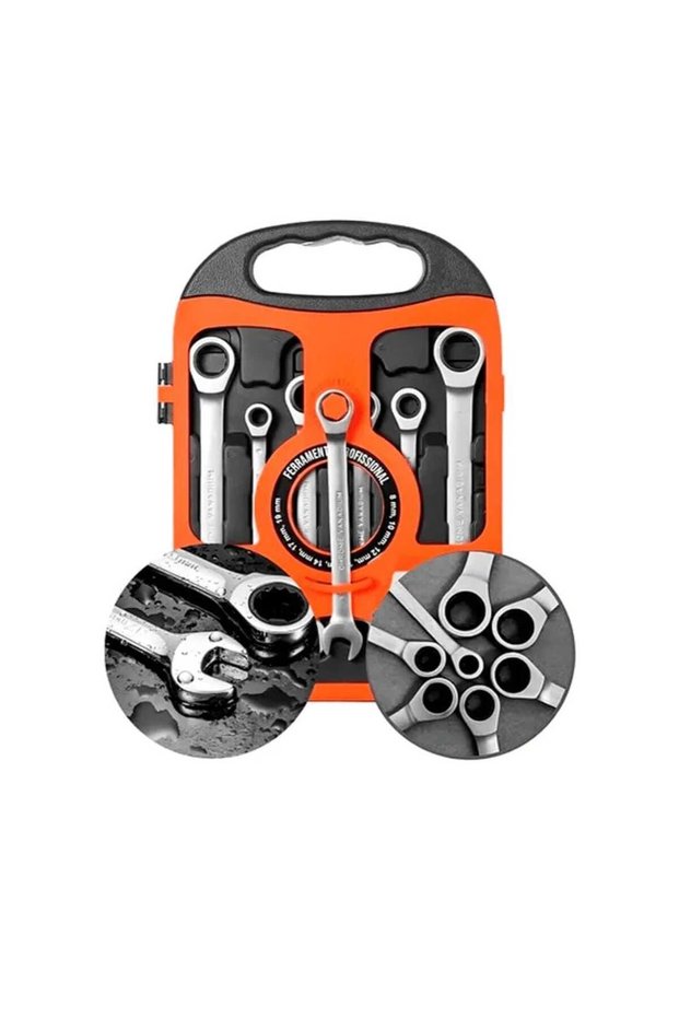 7-Piece, Flexible-Head Professional Ratcheting Combination Tool Set, Made of Cr-V Steel