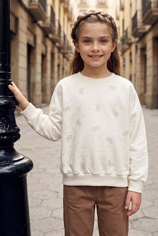 Stoned Bow Patterned Crew Neck Casual Girls' Sweatshirt