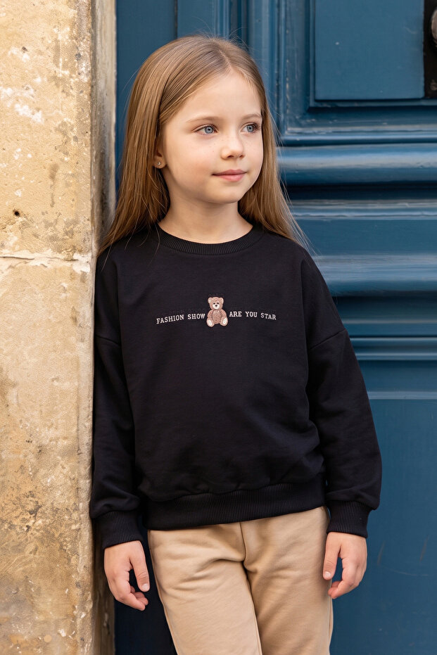Teddy Bear Printed Oversize Girls' Sweatshirt