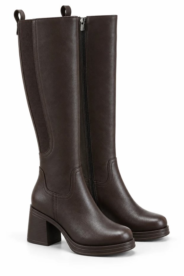 Women's Knee-Length Platform Thick Heeled Zippered Flexible Long Boots - Loven - Brown