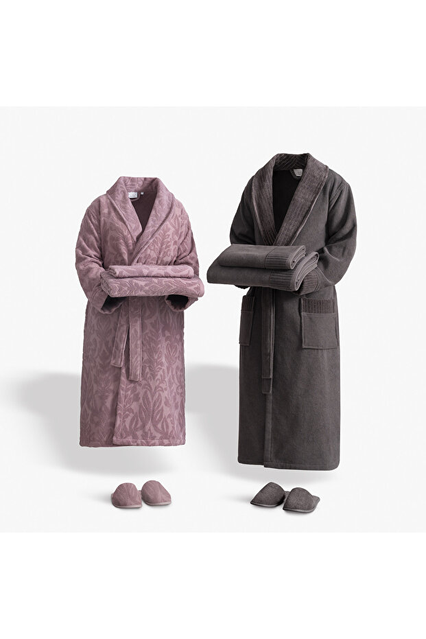 Serena Family Bathrobe Set 10 Pieces 100% Cotton Jacquard Dark Purple-Anthracite M/L