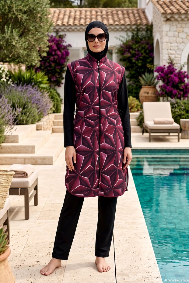 Body Covered Parachute Fabric Patterned Fully Covered Hijab Swimsuit 1520 Claret Red-Black