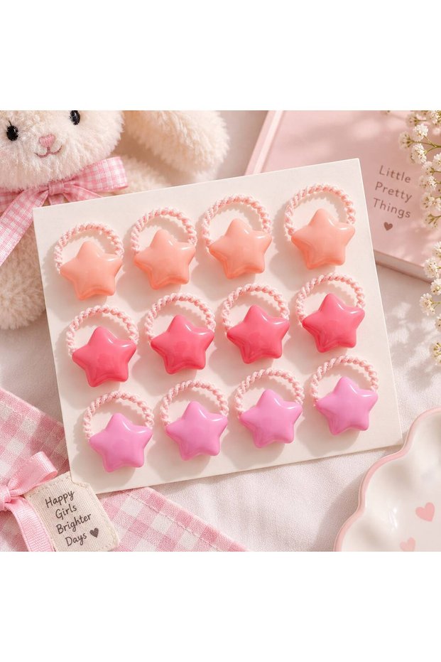 Pink Colored Children's Hair Ties Set with Star Figures, 12 Pieces