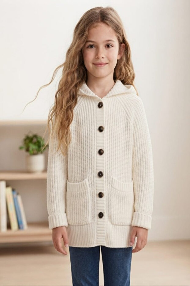 Girl's Hooded Seamless Long Buttoned Knitwear Cardigan with Pockets