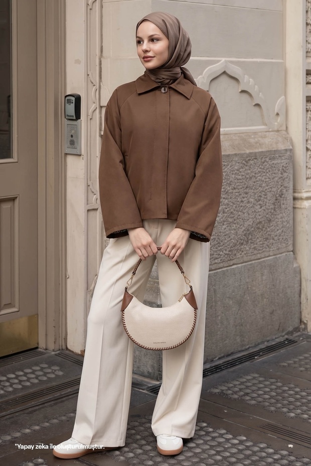 Brown Short Jacket with Hidden Placket Lining