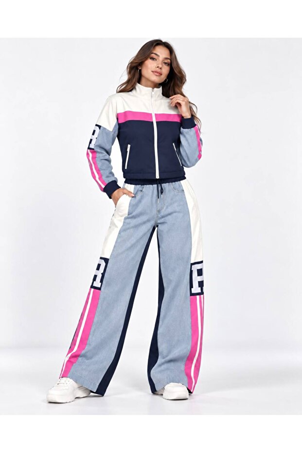 Women's Fuchsia Stripe Detailed Zippered Jacket and Wide Leg Pants Set 2798