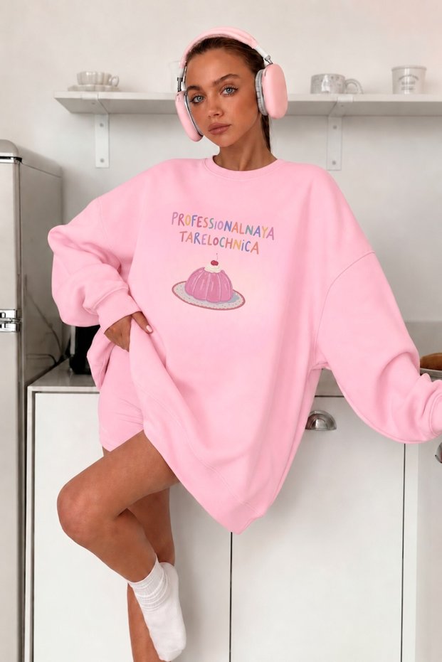 Women's Oversize Sweatshirt Dress Sweet Mood Printed Pink – Crew Neck, 3 Thread Raster Fleece