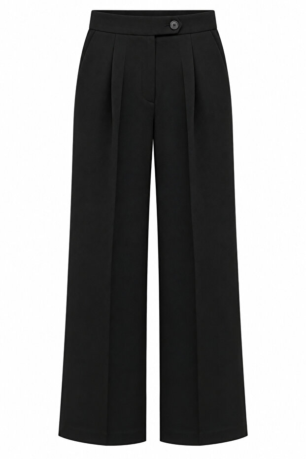 Black Pleated Wide-Leg Fabric Trousers