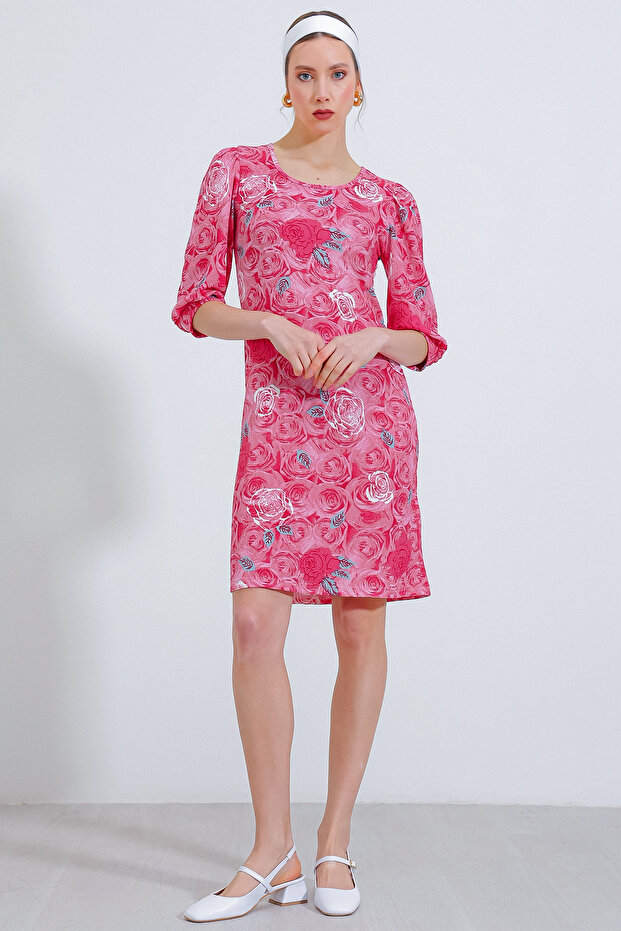 Women's Pomegranate Rose Patterned Midi Dress 2477
