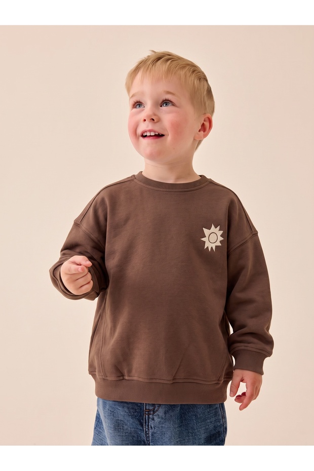 Unisex Children's Front Embroidered Shawl Collar Sweatshirt Brown