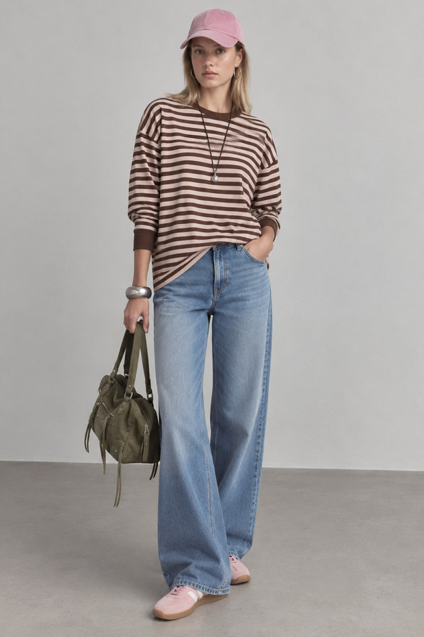 Blue Brown Striped Crew Neck Oversize Sweatshirt | Mkw2711653-1