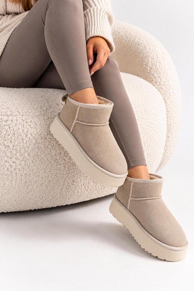 Women's Beige Suede Wool Inside Thick Sole Boots