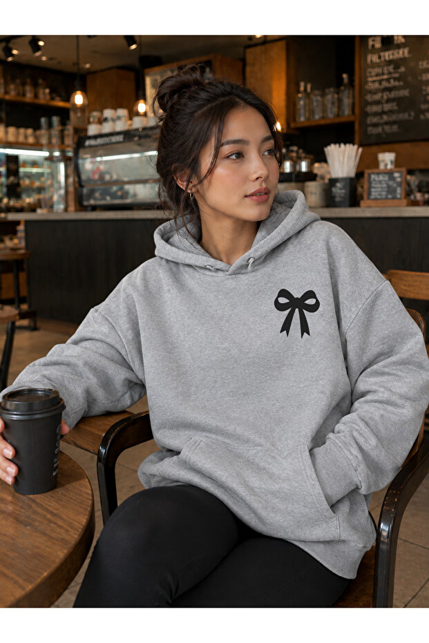 Gray Hooded Sweatshirt Black Ribbon