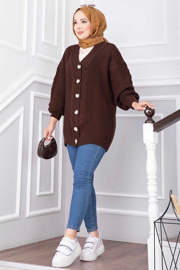 Hair Braid Detailed Buttoned Knitwear Cardigan Brown