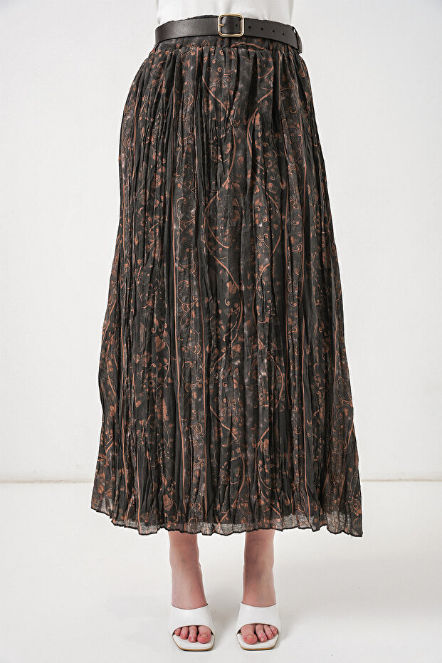 Women's Belted Patterned Skirt 8074 - Smoked