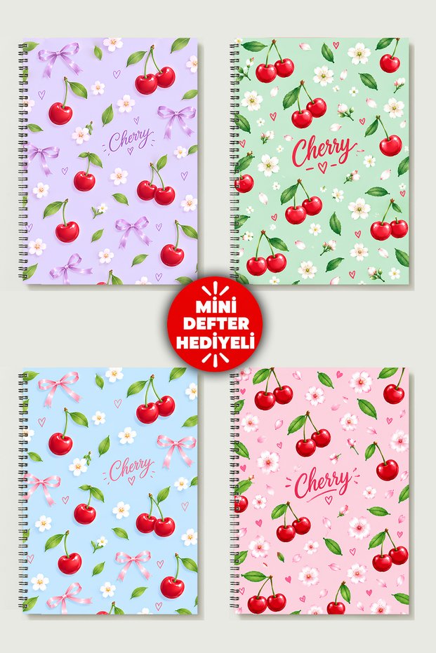 Cherry Design Themed Set of 4 A5 Metal Spiral Bound 2 Pcs. Striped- 2 Pcs. Checkered Cardboard Cover Cherry Design Themed 4-Piece Notebook Set