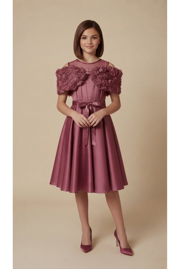 Girls' Floral Detail Formal Dress – Elegant Design for Special Occasions, Weddings and Invitations kurdel gul panslı