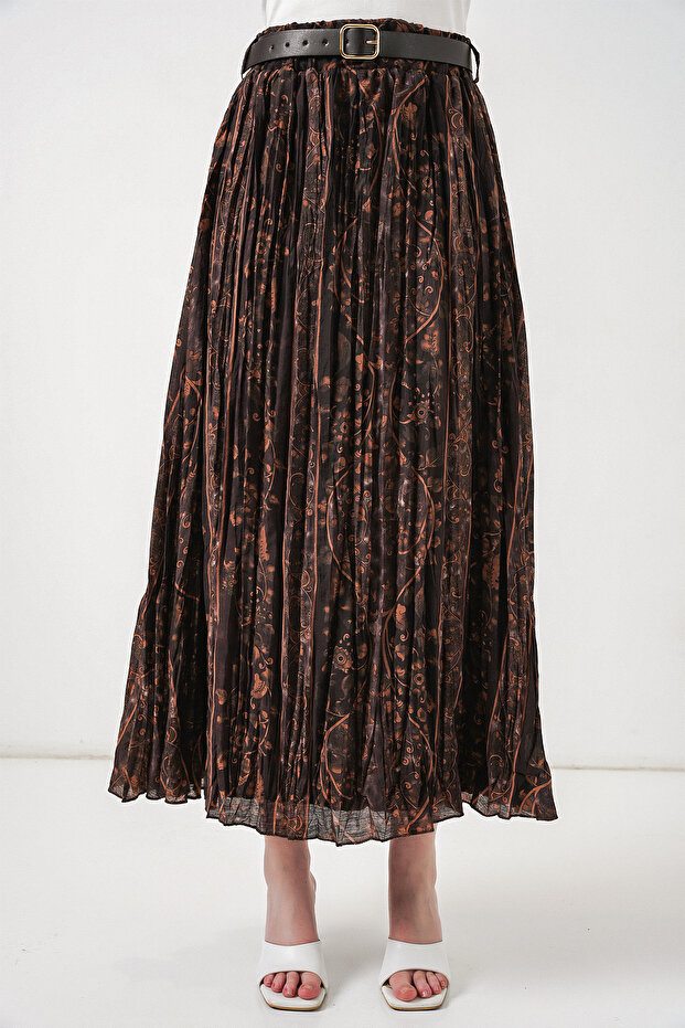 Women's Belted Patterned Skirt 8074 - Brown