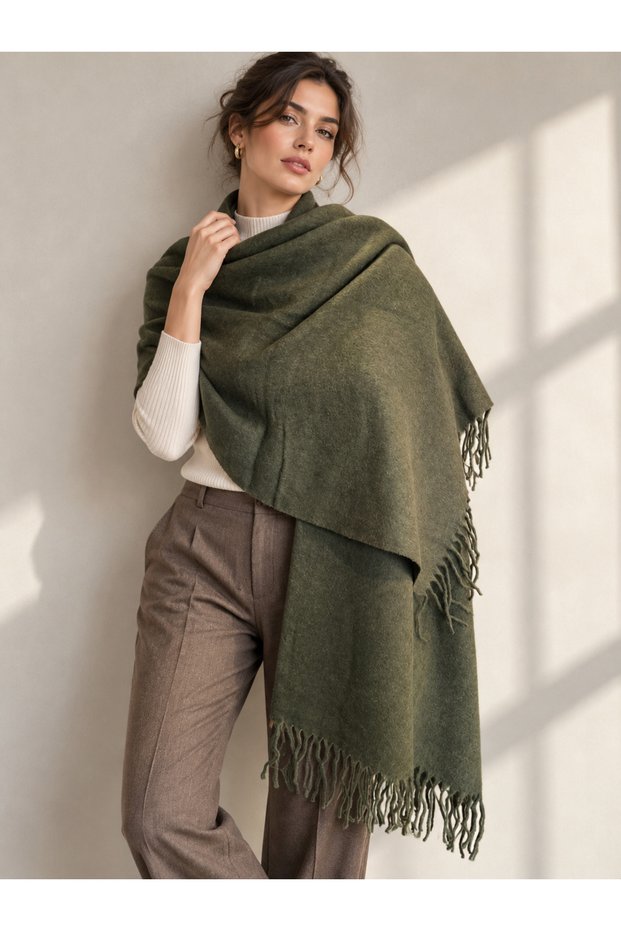 Khaki 200X70 cm Women's Soft Textured Tasseled Solid Color Shoulder Shawl Sal1333