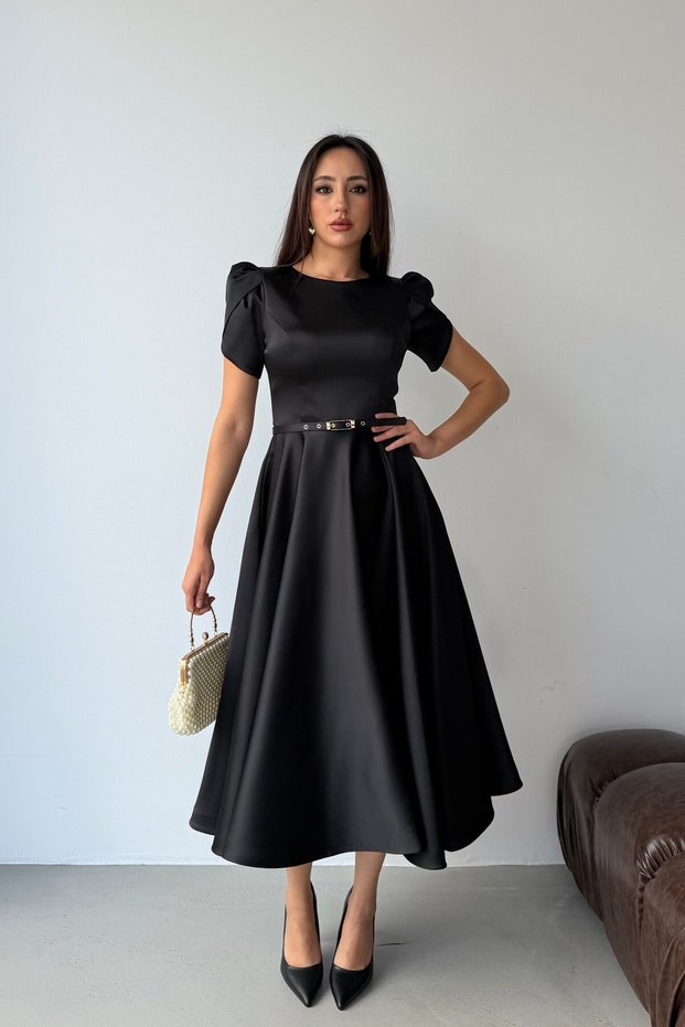 Black Balloon Sleeve Slim Belted Midi Satin Evening Dress
