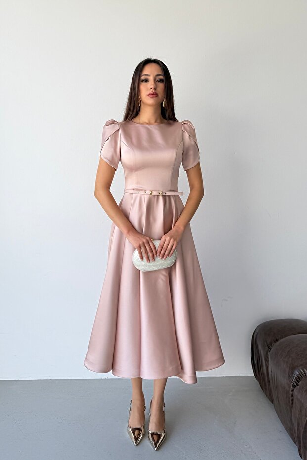 Powder Balloon Sleeve Slim Belted Midi Satin Evening Dress