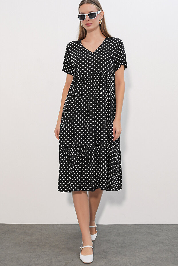 Women's V-Neck Polka Dot Dress 2624 - Black