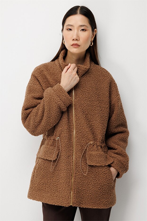 Women's Teddy Fabric Coat with Elastic Waist Cocoa